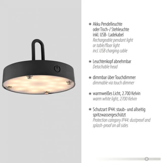 LED Tischleuchte D=25cm schwarz Akkulampe USB IP44 dimmbar per Touch