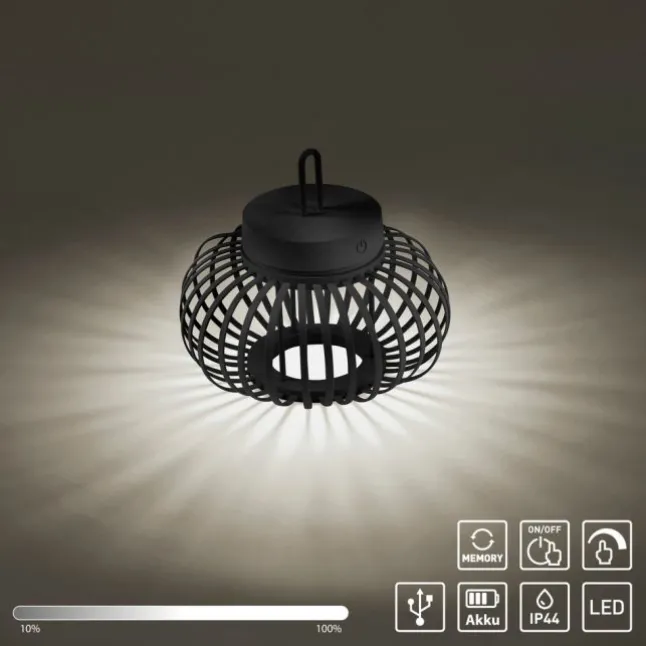 LED Tischleuchte D=25cm schwarz Akkulampe USB IP44 dimmbar per Touch