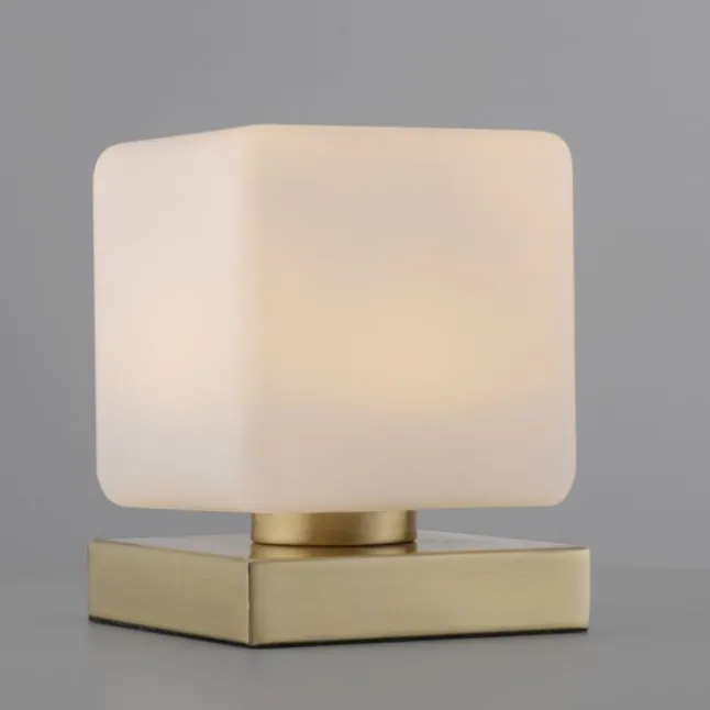 LED Tischleuchte messing farbig Würfelform Touchdimmer zeitloses Design