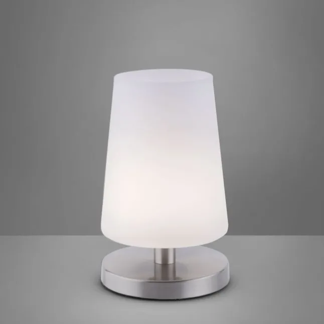 LED-Tischleuchte, weiß-stahl, mit dezentem Lampenschirm, inkl. Touchdimmer