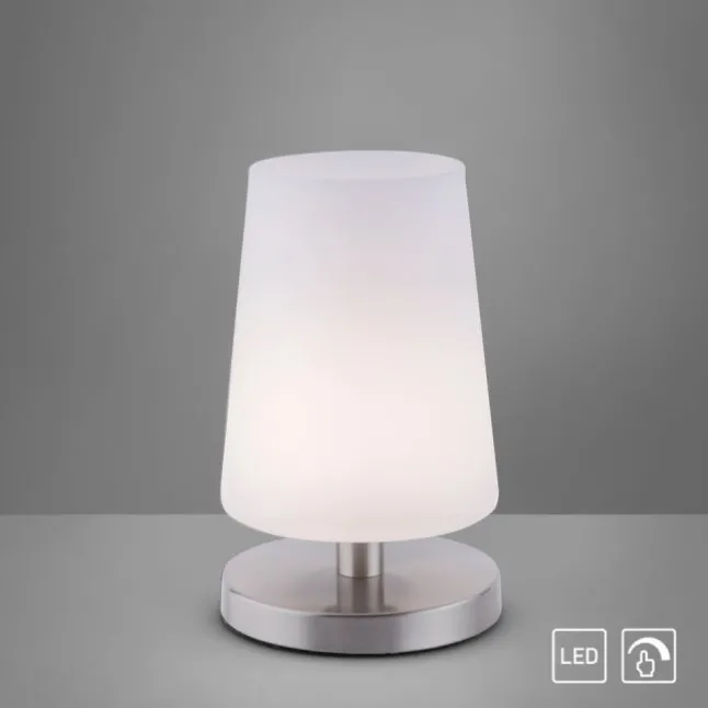 LED-Tischleuchte, weiß-stahl, mit dezentem Lampenschirm, inkl. Touchdimmer