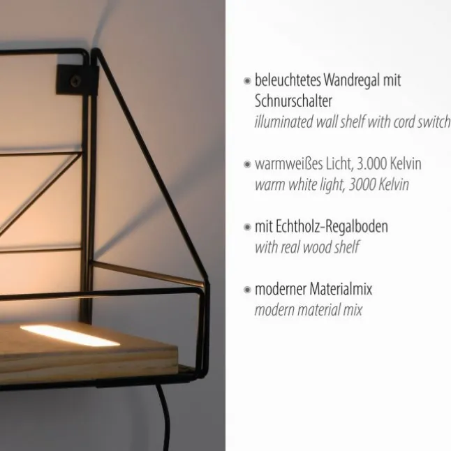 LED Wandleuchte Regal 46x16x20cm schwarz Boden aus Holz warmweiß Schalter