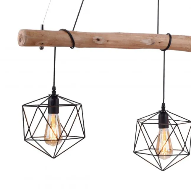 Pendelleuchte modern, Holz, schwarz, 3-flammig, Drahtkörbe, E27 Fassung