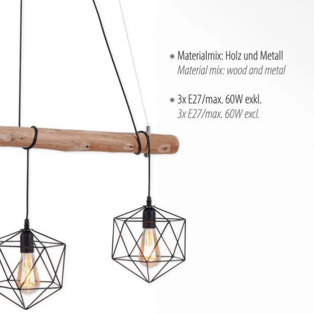 Pendelleuchte modern, Holz, schwarz, 3-flammig, Drahtkörbe, E27 Fassung