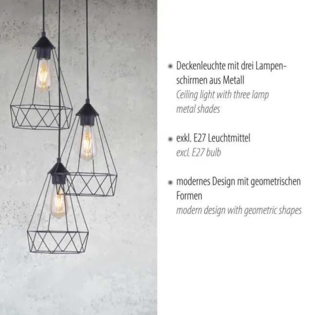 Pendelleuchte, schwarz, drei Metallkörbe, modern, Retro Stil, E27 Fassung