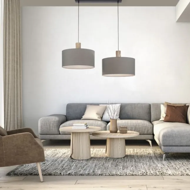 Pendelleuchte, Stoff, grau, E27, Holz, 2-flammig