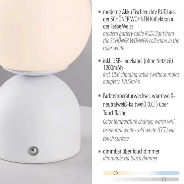 Schöner Wohnen-Kollektion LED Akku Tischleuchte RUDI, weiss, USB-Ladekabel