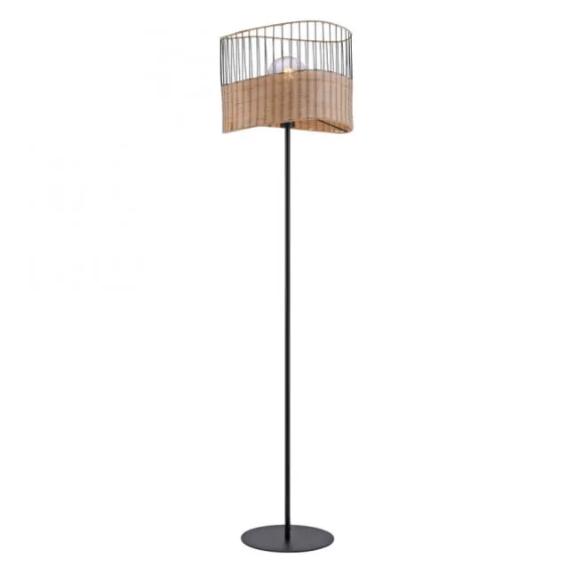 Stehleuchte, schwarz, Metall, Holzgeflecht, rustikaler Vintage Look, modern