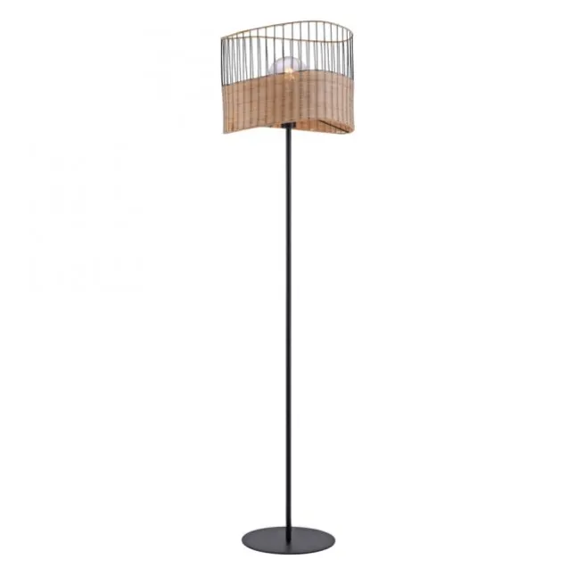 Stehleuchte, schwarz, Metall, Holzgeflecht, rustikaler Vintage Look, modern