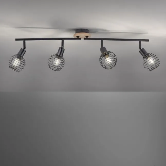 Strahler, Deckenleuchte, Holz, schwarz, 4-flammig, Drahtkorb