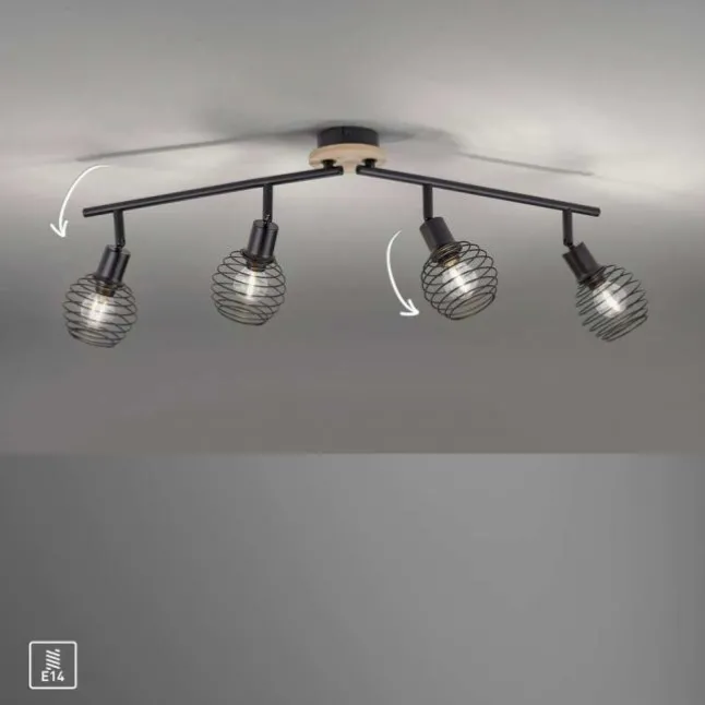 Strahler, Deckenleuchte, Holz, schwarz, 4-flammig, Drahtkorb