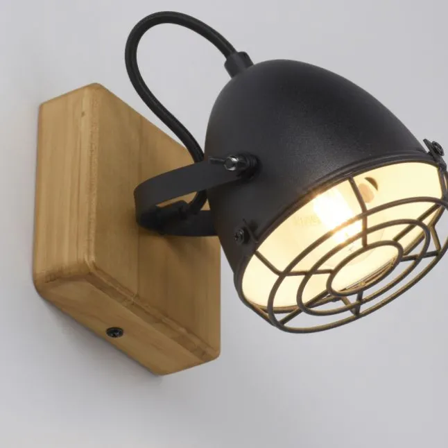 Wandleuchte Retrolook Vintage Holz / Metall, 1-flammig, schwarz