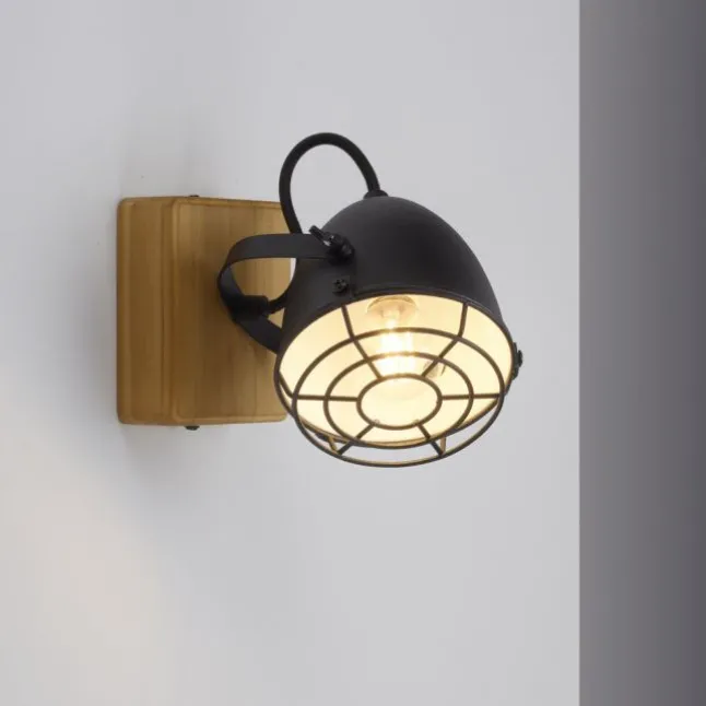 Wandleuchte Retrolook Vintage Holz / Metall, 1-flammig, schwarz