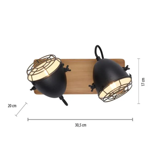Wandleuchte Retrolook Vintage Holz / Metall, 2-flammig, schwarz